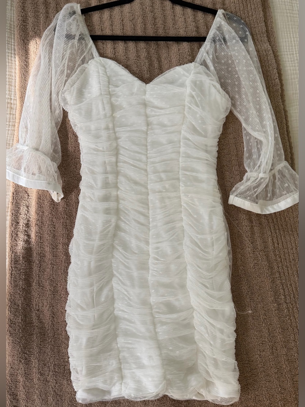 Haute Monde White Ruched Midi Dress with Sheer Polka-Dot Sleeves